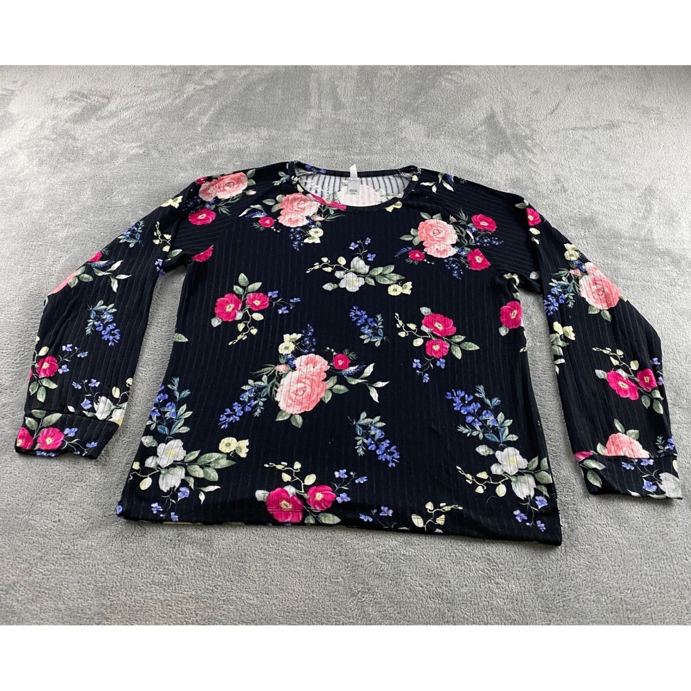 Flora by Flora Nikrooz Womens‎ Large Black Floral Ribbed Knit Raglan Top L/G